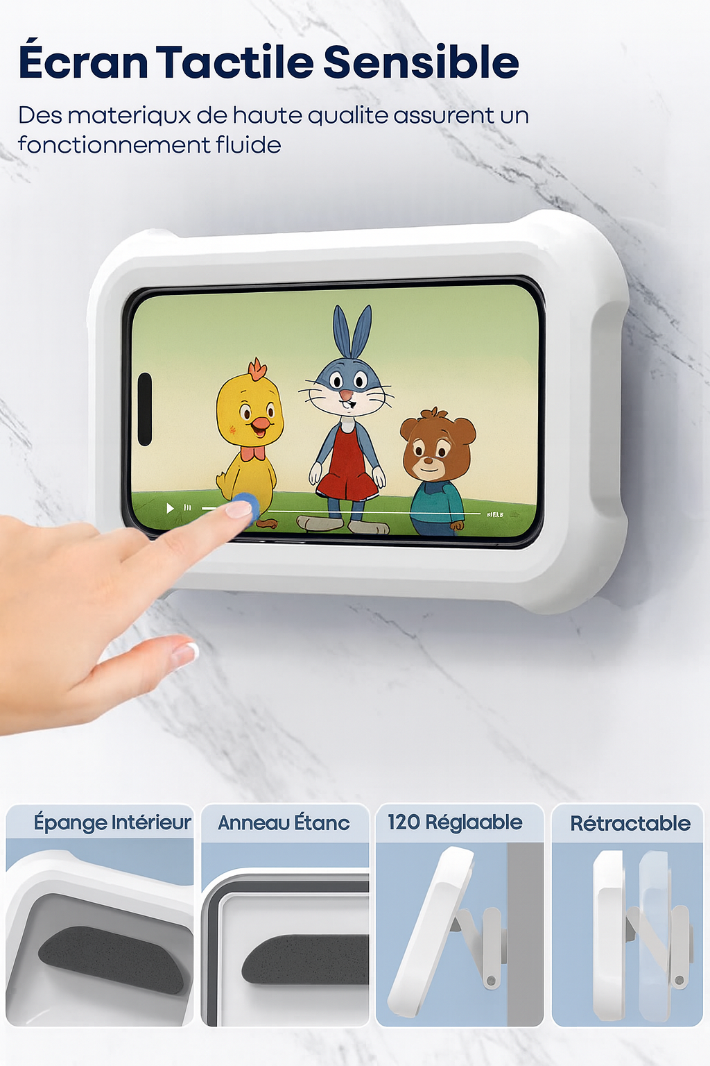 HydroCase — Boîtier douche étanche, rotation 360°, anti-buée, tactile HD 🚿