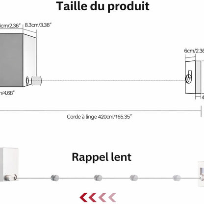 Corde à Linge Rétractable Murale 4,2 m — Charge max 20 kg | Câble acier | Blanc 🧺🏠