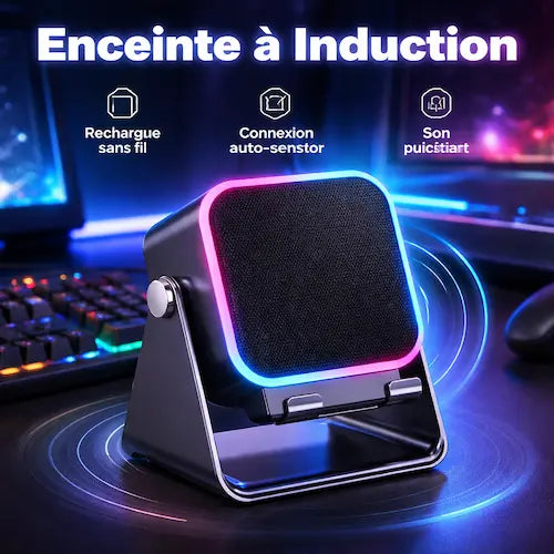 Enceinte a induction avec support téléphone | Bluetooth 5.3 | Power bank 5000 mAh | Anneau RGB 🔊📱✨