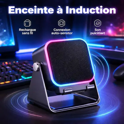 Enceinte a induction avec support téléphone | Bluetooth 5.3 | Power bank 5000 mAh | Anneau RGB 🔊📱✨