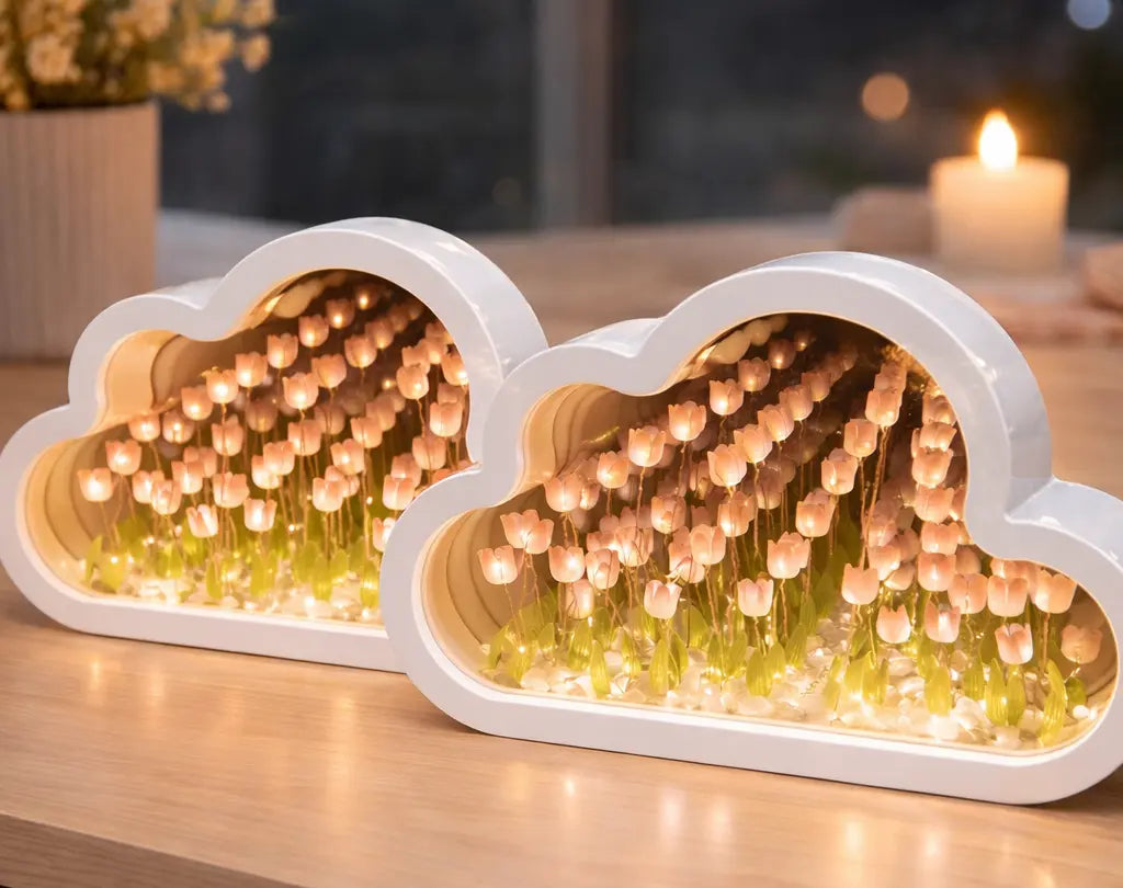 Lot de 2 Veilleuses Nuages Tulipes — miroir déco le jour, lampe cosy la nuit 🌷☁️✨