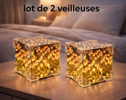 Lot de 2 Cubes Miroirs Tulipes — veilleuse effet infini, 21 tulipes, LED, kit complet 🌷✨