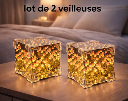 Lot de 2 Cubes Miroirs Tulipes — veilleuse effet infini, 21 tulipes, LED, kit complet 🌷✨