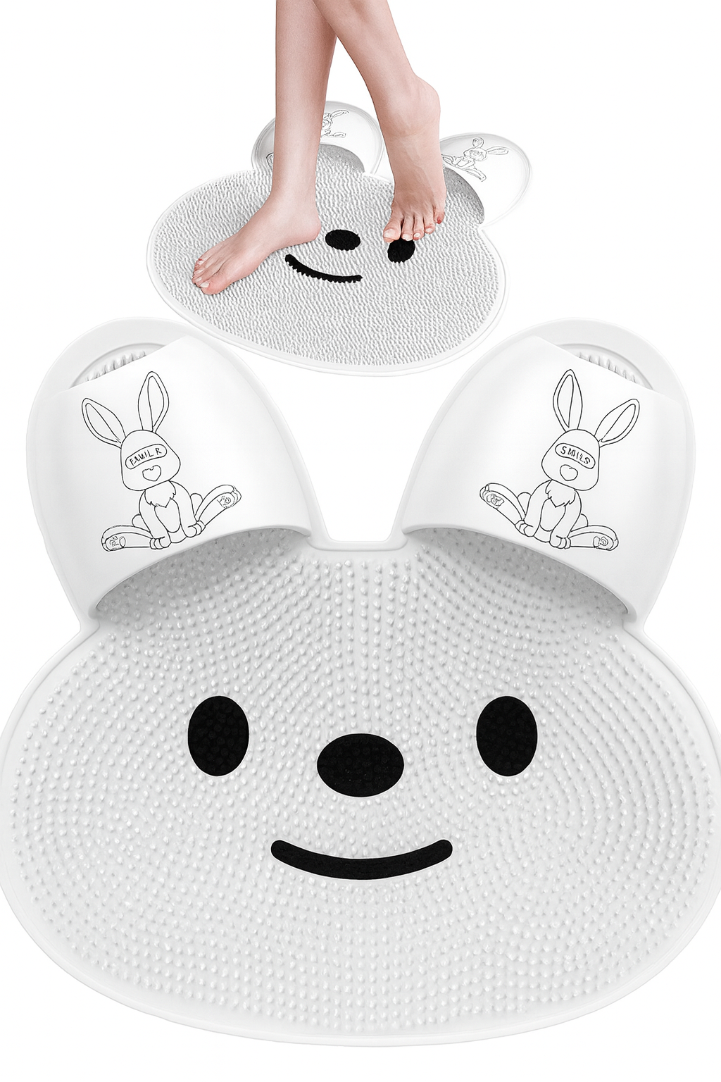 PiedDoux — Tapis de douche massage exfoliant, ventouses antidérapantes, silicone doux 🐰