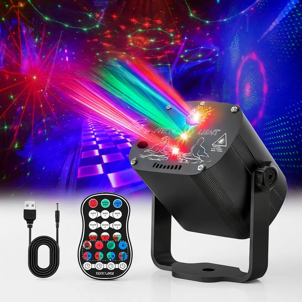 DiscoFlash — Lampe de scène disco 60 effets, modes musicaux, stroboscope & télécommande 🎉💡