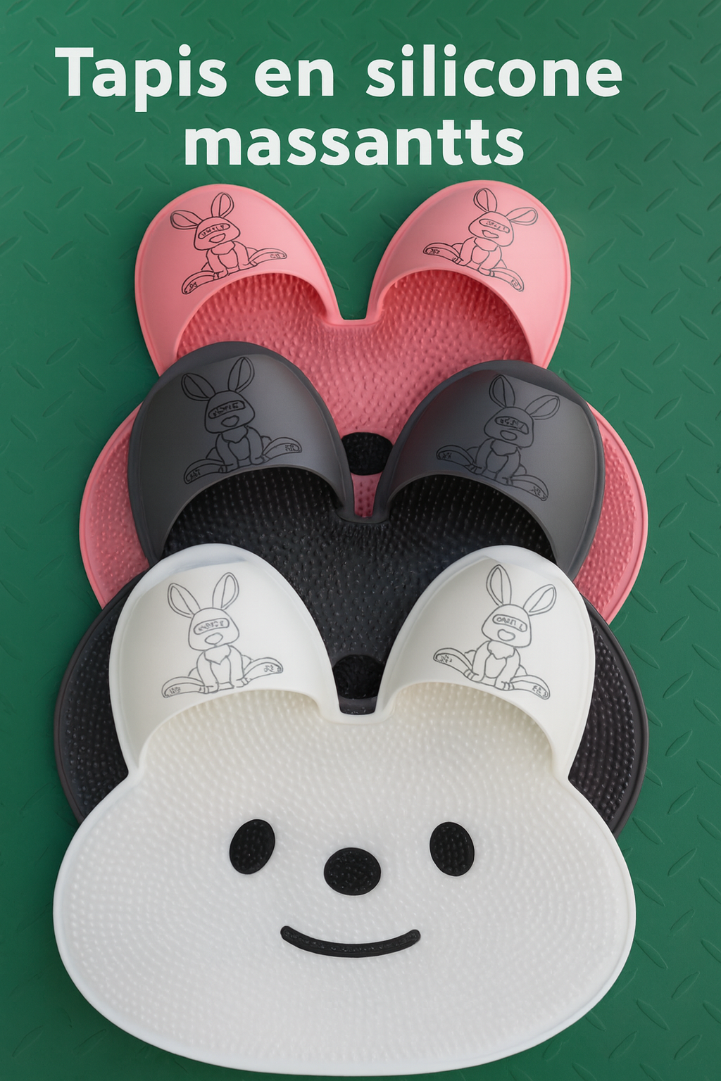 PiedDoux — Tapis de douche massage exfoliant, ventouses antidérapantes, silicone doux 🐰