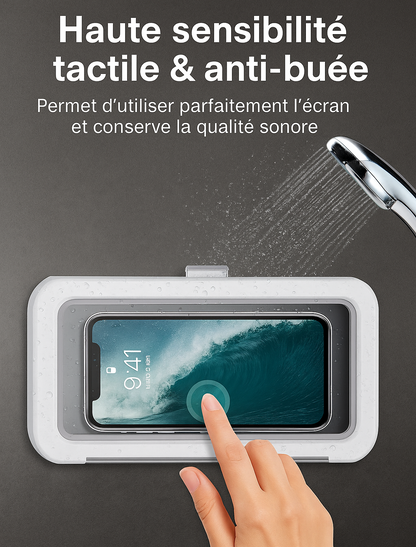 HydroCase — Boîtier douche étanche, rotation 360°, anti-buée, tactile HD 🚿