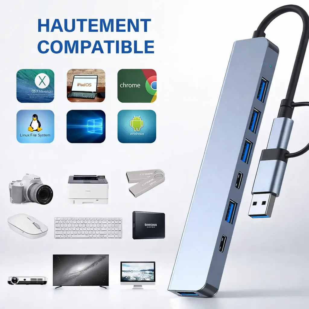 Hub USB-C Multiport 7-en-2 — Boîtier métal | USB 3.0 + USB 2.0 | Double connecteur USB-C / USB-A ⚡💻