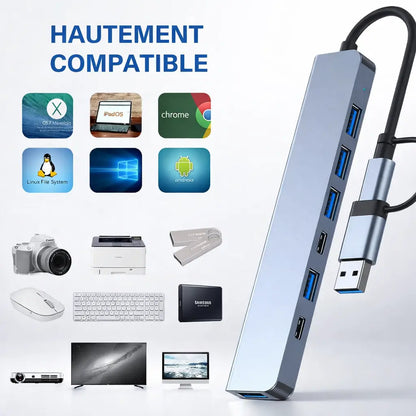 Hub USB-C Multiport 7-en-2 — Boîtier métal | USB 3.0 + USB 2.0 | Double connecteur USB-C / USB-A ⚡💻