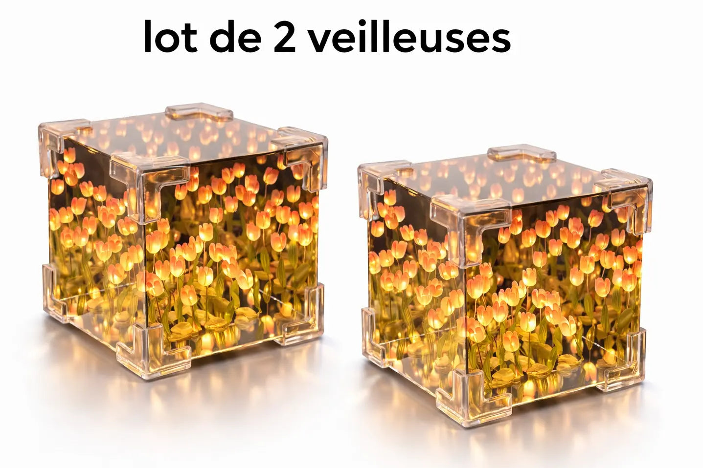 Lot de 2 Cubes Miroirs Tulipes — veilleuse effet infini, 21 tulipes, LED, kit complet 🌷✨
