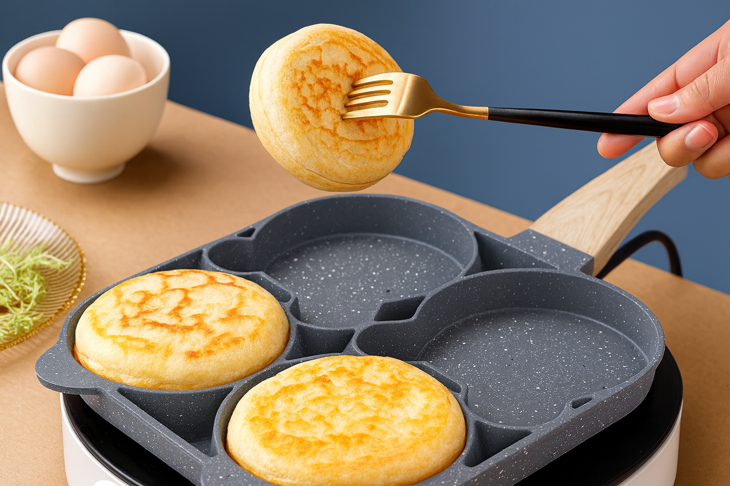 Poêle 4 cavités — chauffe rapide, revêtement antiadhésif, compatible tous feux 🥞