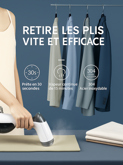 VapoLisse — Défroisseur à main 1100 W, prêt en 25 s, vapeur 12 min, réservoir 200 ml 🧥