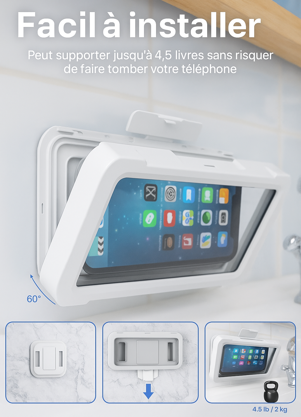 HydroCase — Boîtier douche étanche, rotation 360°, anti-buée, tactile HD 🚿