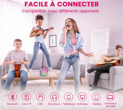 Enceinte Karaoké Portable K12 — 2 micros sans fil, lumières LED, effets changeur de voix 🎤✨