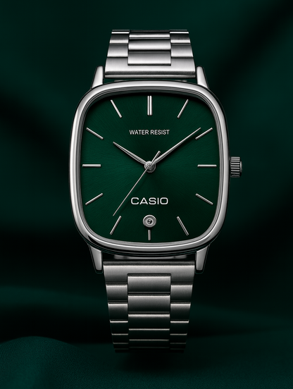Casio — Montre élégante cadran carré vert, bracelet acier, 3 ATM ⌚ — Unisexe (Hommes / Femmes) — Acier Inoxydable, Bracelet à Maillons, Résistance à l’eau du quotidien