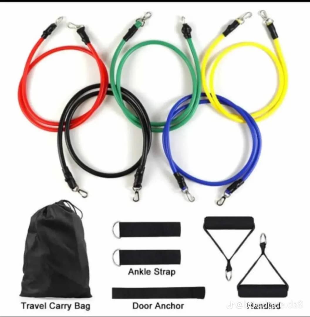 💪 Lot de 5 Élastiques de Musculation — Fitness • Yoga • CrossFit — Résistance combinable jusqu’à 53 kg — Bandes + Poignées + Sangles Cheville + Ancrage de porte 🏠🏋️✈️