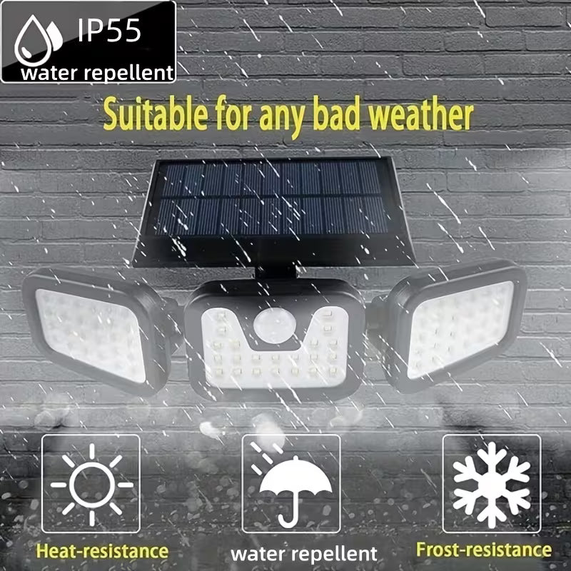 🌞💡Triple Lampe Murale Solaire 38W – Ultra Lumineuse – Détecteur de Mouvement – 3 Têtes Orientables – Imperméable IP65 🌧️🏡