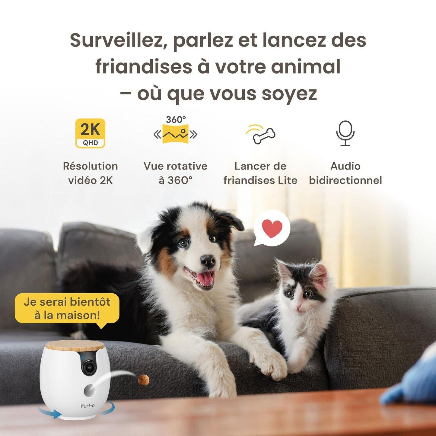 🐶🐱📹 Caméra Intelligente 360° pour Animaux – Surveillance 2K QHD, Suivi Automatique & Interaction à Distance 🦴💬✨