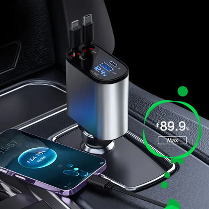 🚗⚡ Chargeur 4-en-1 120 W pour Voiture  — USB-C + USB-A + Câbles rétractables (Lightning - USB-C) — iPhone et Android