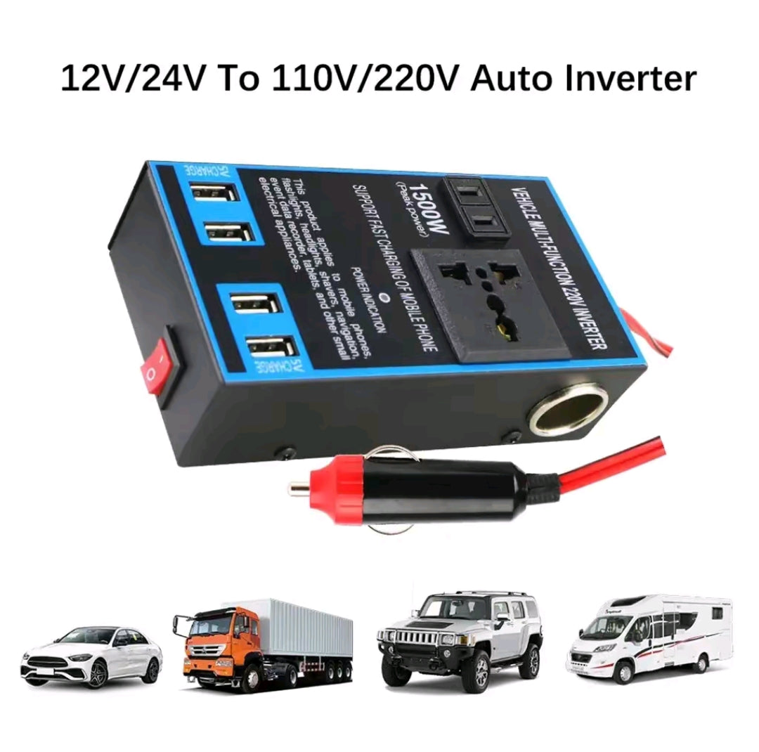 ⚡ Convertisseur Auto 🚗 puissance 1500 W et démarreur de batterie –🔌 Alimentation → 110V/220V • 4 USB 🔋 + Prise Secteur
